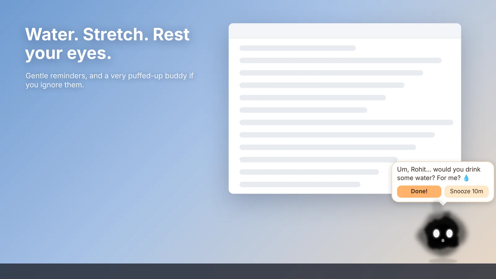 A water, stretch and eye-rest reminder with a speech bubble